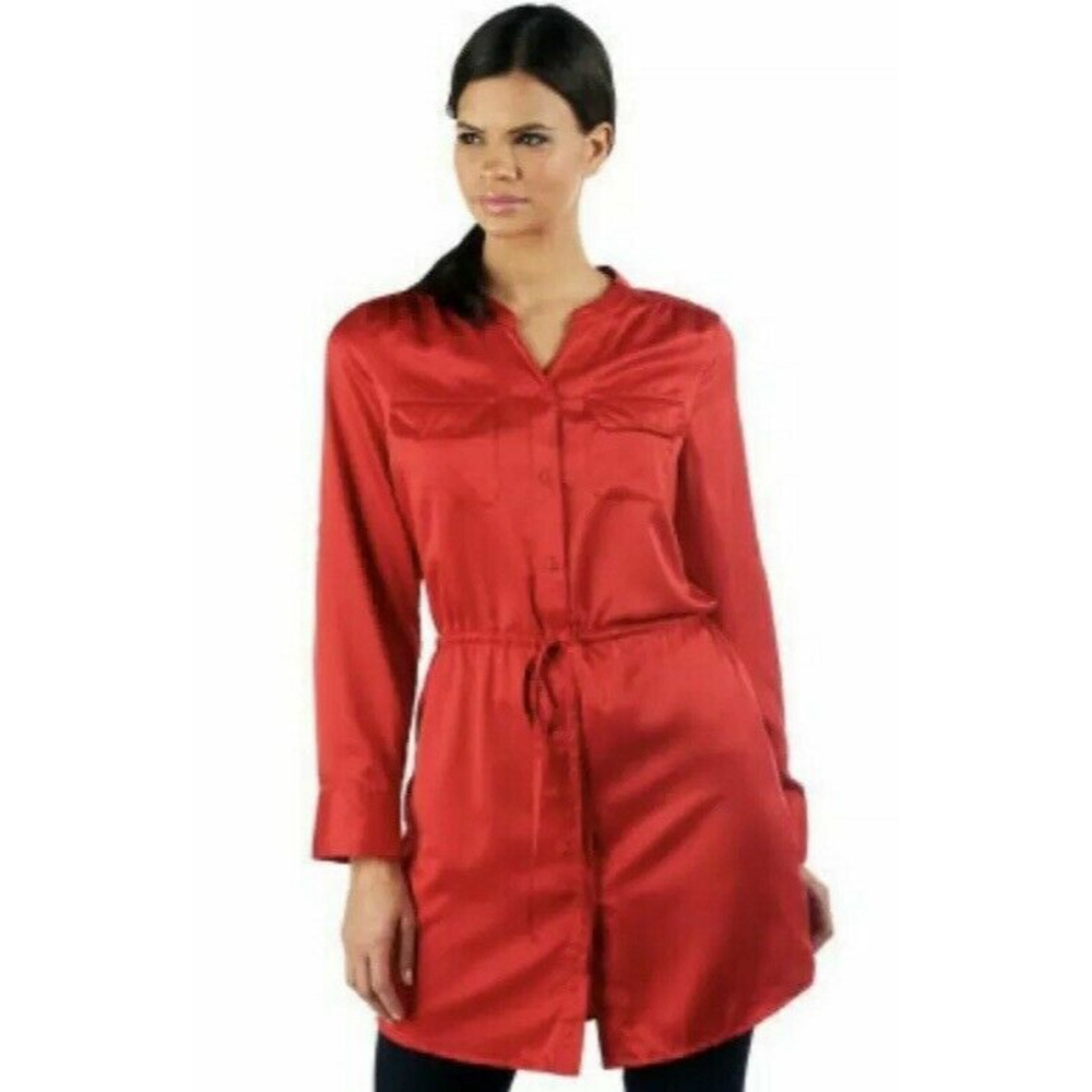LOGO by Lori Goldstein Shirt Tunic Size Medium Red Drawstring Satin Button Down